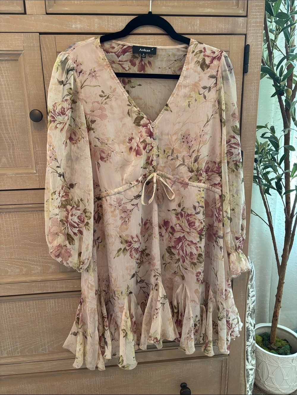 Aakaa Blush Floral V-Neck Long Sleeve Ruffle Dress